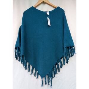J Jill Womens poncho sweater S-L fringe cotton teal blue boho minimalist Tassels